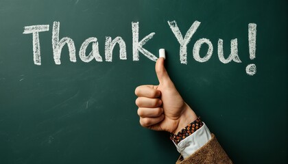 a hand giving a thumbs up in front of a chalkboard with the words "thank you!" written in white chalk.