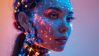 a striking portrait of a woman overlaid with glowing circuit board patterns, representing the fusion of humanity and technology.