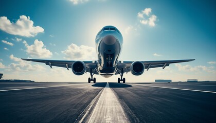 Obraz premium a silver passenger airplane stands poised on a runway under a bright blue sky with scattered clouds, creating a sense of anticipation and travel.
