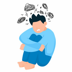 Vector illustration of a depressed man, emotionally confused, dizzy, having mental health problems, and feeling down.