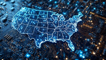 a glowing, digitally rendered map of the united states overlaid on a complex circuit board represents technological connectivity and infrastructure across the nation.