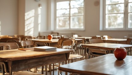 a sunlit, empty classroom with wooden desks each holding a red apple and school supplies suggests a quiet moment before or after lessons.