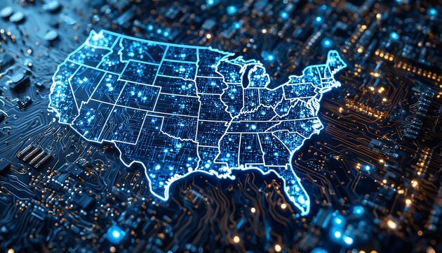 a glowing, digitally rendered map of the united states overlaid on a complex circuit board represents technological connectivity and infrastructure across the nation.