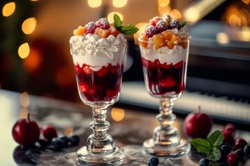 Two dessert glasses filled with layered fruit and cream.