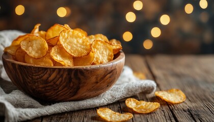 a wooden bowl filled with homemade potato chips rests on a rustic table with blurred lights in the background.