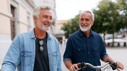 Senior men cycling and walking together on a city street
