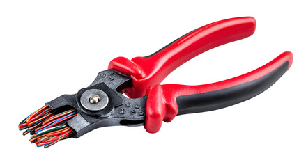 Obraz premium Red and black electric pliers with cable wires isolated on white