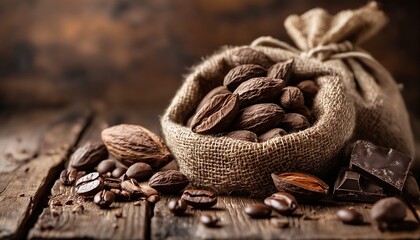 a rustic still life featuring a burlap sack overflowing with cocoa beans alongside broken pieces of dark chocolate and scattered beans on a weathered wooden surface.