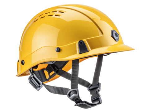 Yellow Safety Helmet with Chin Strap on Transparent Background