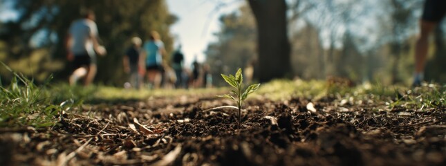 Fototapeta premium Scenic forest trail with lush green trees and fallen leaves under bright sunlight during daytime