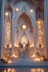 Obraz premium Christmas Altar with Candles and Lights – Elegant Sacred Church Interior