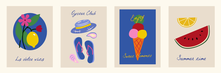 Hand drawn la dolce vita doodles. Minimalist wall art with lemon, oyster, watermelon, ice cream. Set of mediterranean concept vector illustration for invitations, printables, social media, poster.