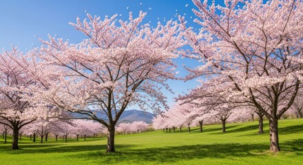 Obraz premium A Serene Grove of Blooming Cherry Blossom Trees on a Sunlit Green Hillside