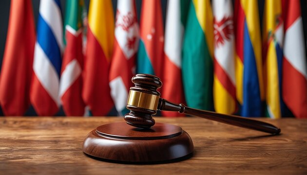 a wooden gavel rests on a table in front of a blurred backdrop of numerous international flags, symbolizing global law and justice.