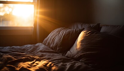 Sunrise streams into a dark bedroom, illuminating a made bed