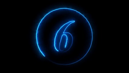 Glowing blue neon number 6 inside a circular frame against a black background numeral digit
