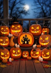 Fototapeta premium Halloween Jack-o'-Lanterns on Wooden Porch at Night