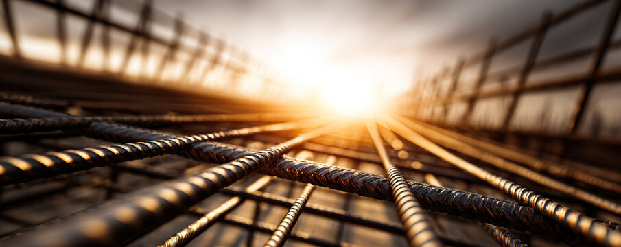 Steel reinforcement bars stretch towards a glowing sunset on a construction site at dusk
