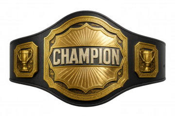 Golden championship belt near victory trophies symbolizing competitive achievement against clean backdrop