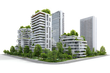 Modern sustainable city with green architecture and lush trees, inspiring urban design for a vibrant, eco-friendly future