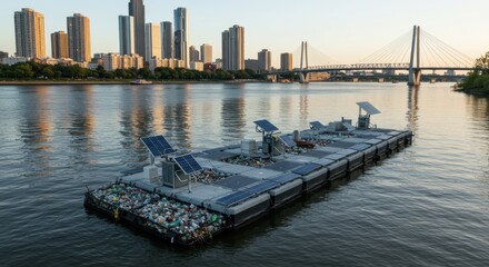 Obraz premium Environmental cleanup initiative urban river floating waste management system cityscape aerial perspective sustainable solutions