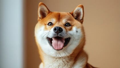 a cheerful shiba inu happily smiles with its tongue out in a close-up portrait.