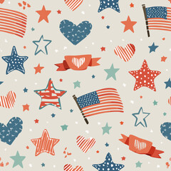 Seamless patriotic pattern featuring USA flags, hearts, and stars in red, white, and blue. Perfect for Independence Day, Patriot Day, and American-themed celebrations