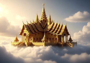 Golden Floating Temple in the Clouds, Asian Architecture, Spiritual Setting
