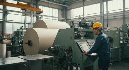 Manufacturing process of paper production industrial facility machinery operation bright workspace close-up view efficiency