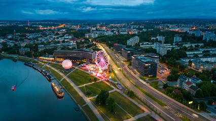 aerial view of krakow center and wawel royal castle at sunset in summer in poland