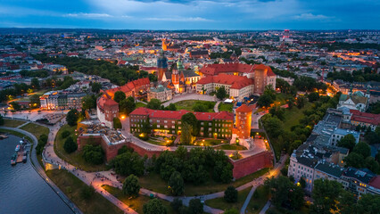 aerial view of krakow center and wawel royal castle at sunset in summer in poland