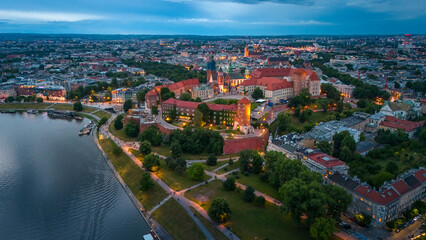aerial view of krakow center and wawel royal castle at sunset in summer in poland