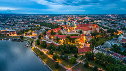 aerial view of krakow center and wawel royal castle at sunset in summer in poland