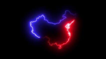 Neon outline map of China in blue and red against a black background glowing