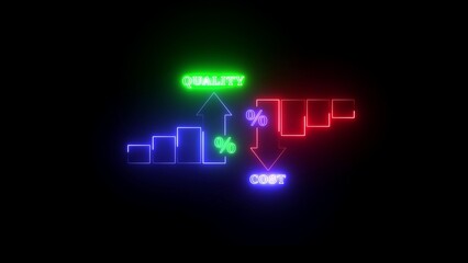 Neon Graph Showing Quality Increasing and Cost Decreasing on Black Background chart increase
