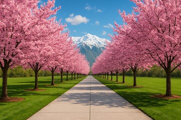 Tree lined road with pink cherry blossoms and mountains