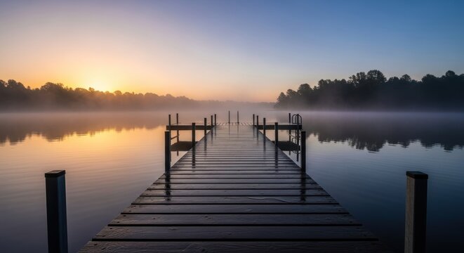 A Wet Wooden Dock Leads into a Misty, Golden Sunrise over a Calm Lake