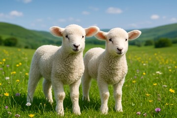 Obraz premium Two white lambs in green meadow with wildflowers