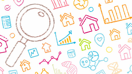 Hand drawn real estate market analysis with magnifying glass and various colorful icons scattered about