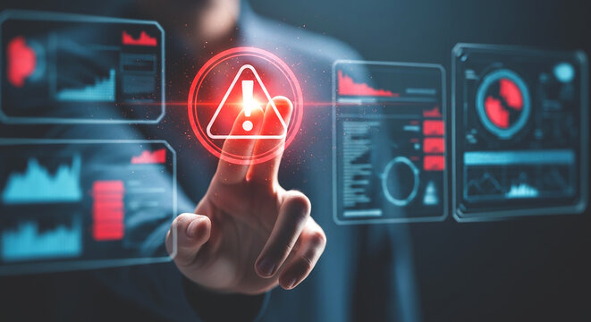 Person touching a red warning sign on a digital interface with data visualizations displayed around it