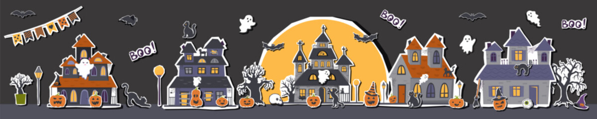 Halloween street with different houses, moon, ghosts, cats and bats. Halloween concept. Halloween houses cliparts. Vector flat banner.	