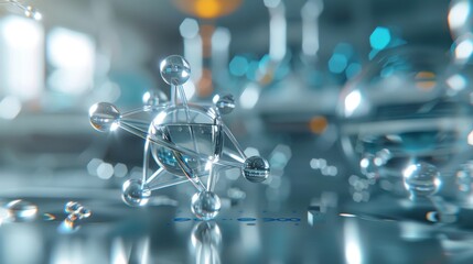 Image of chemical compounds and scientific formulas over atom model in laboratory. science research and medicine concept digitally generated image.
