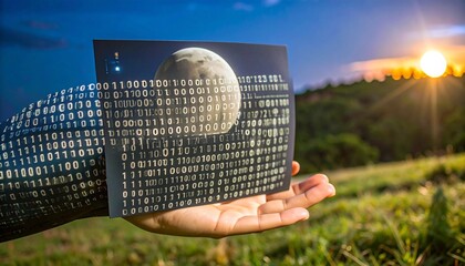 Hand Holding Card With Moon and Binary Code Sunset