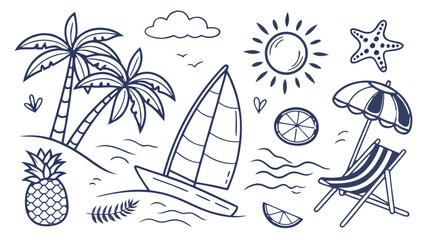 Obraz premium Hand-Drawn Summer and Beach Vector Icons Featuring Palm Trees, Waves, Surfboards, Tropical Elements, and Vacation Symbols