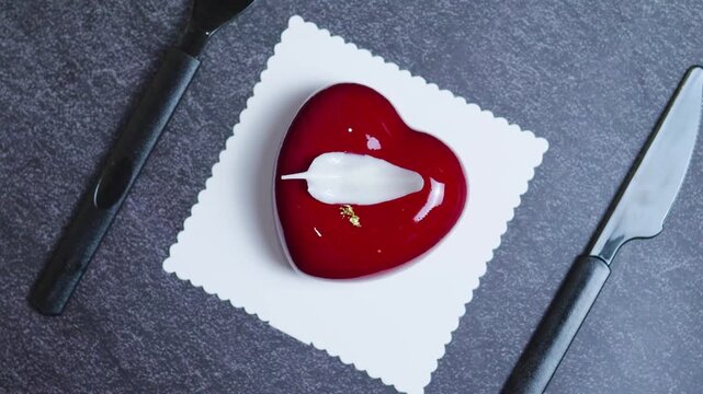Professional pastry chef creating heart shaped dessert, decorating with red icing, white chocolate feather, delicate gold leaf, positioned on white doily near black cutlery against gray surface