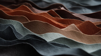 Macro shot of textured paper surfaces in charcoal, terracotta, and ash gray, arranged in deep, overlapping waves.