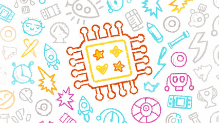 Fototapeta premium Doodle style illustration featuring a central chip surrounded by various sketched icons and symbols