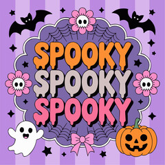 Three spooky texts with halloween elements like bats, flowers, ghost and pumpkin on purple background on transparent background