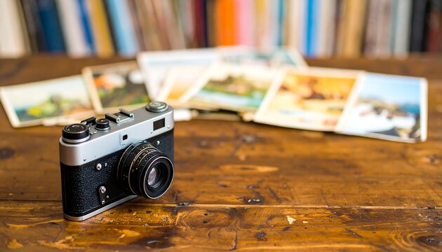 Vintage Camera and Travel Postcards on Rustic Wooden Table - Powered by Adobe