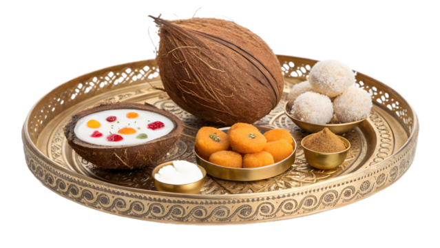 Indian offering tray with coconut and sweets, perfect for religious rituals, Hindu festivals, digital design, branding, wallpapers, posters, and print materials